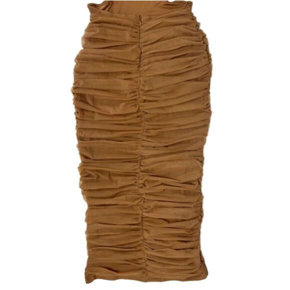 Akira Brown Ruched Mesh Midi Dress S Sleeveless Bodycon Formal Party - Picture 7 of 13